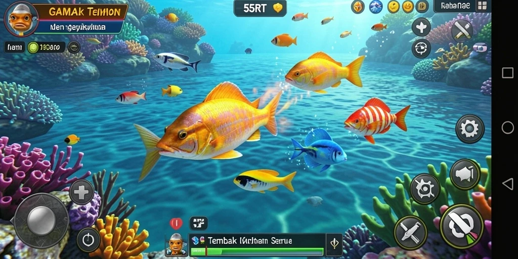 Screenshot 55RT menampilkan aksi seru dalam permainan Tembak Ikan.