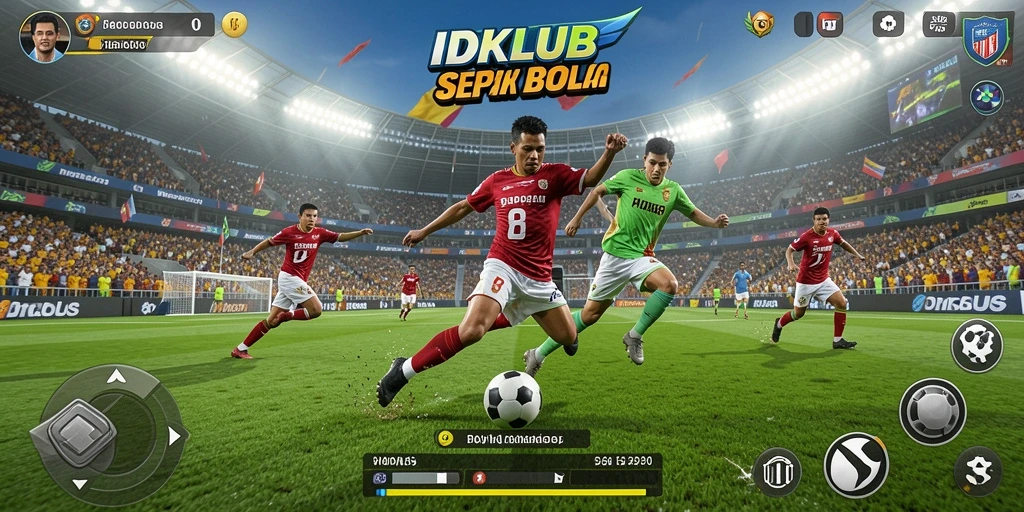 Screenshot menampilkan aksi seru dalam gameplay sepak bola.