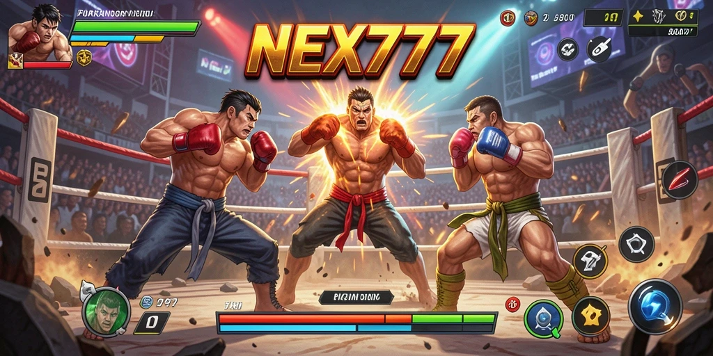 Screenshot utama NEX777 menampilkan aksi pertarungan yang seru dan dinamis.