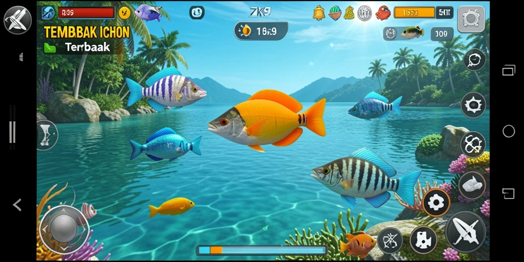 Tangkapan layar gameplay ZK9 menampilkan aksi menembak ikan yang seru.